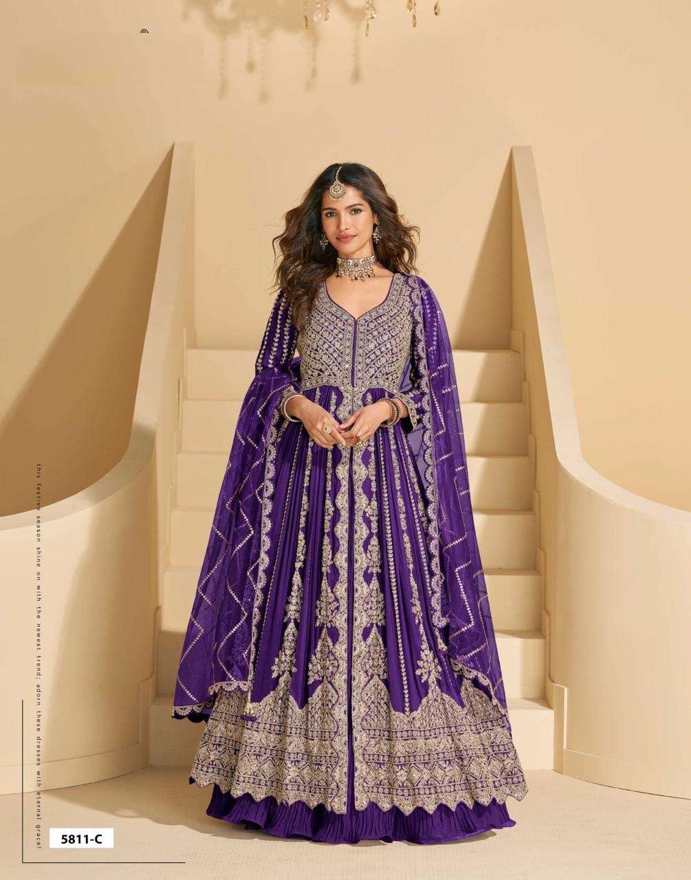 DESIGNER FANCY WEDDING PARTY WEAR REAL CHINON PURPLE ANARKALI SALWAR SUIT GOWN SY MIRZA 5811 C