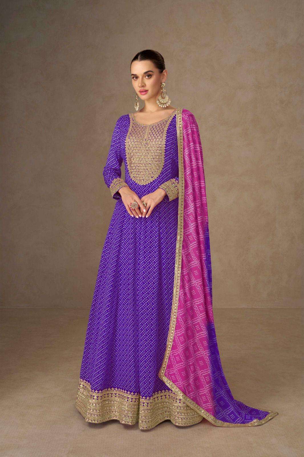 DESIGNER FANCY WEDDING PARTY WEAR REAL CHINON PURPLE ANARKALI SALWAR SUIT GOWN GL SAIYARAA 7507 D