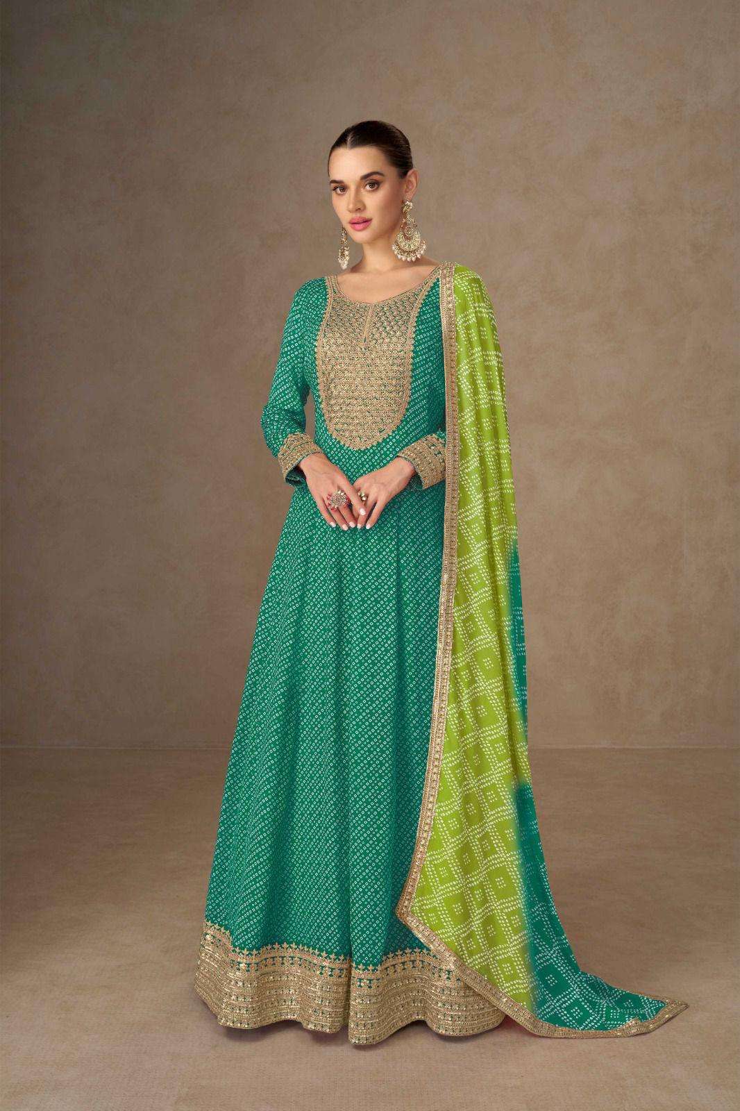 DESIGNER FANCY WEDDING PARTY WEAR REAL CHINON RAMA GREEN ANARKALI SALWAR SUIT GOWN GL SAIYARAA 7507 B