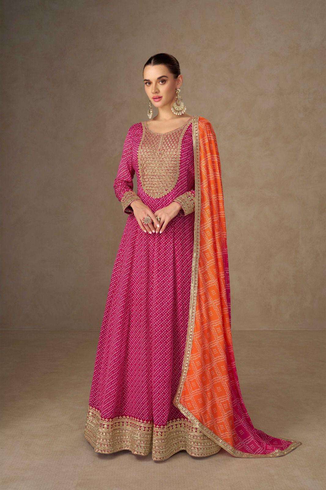 DESIGNER FANCY WEDDING PARTY WEAR REAL CHINON RANI PINK ANARKALI SALWAR SUIT GOWN GL SAIYARAA 7507 C