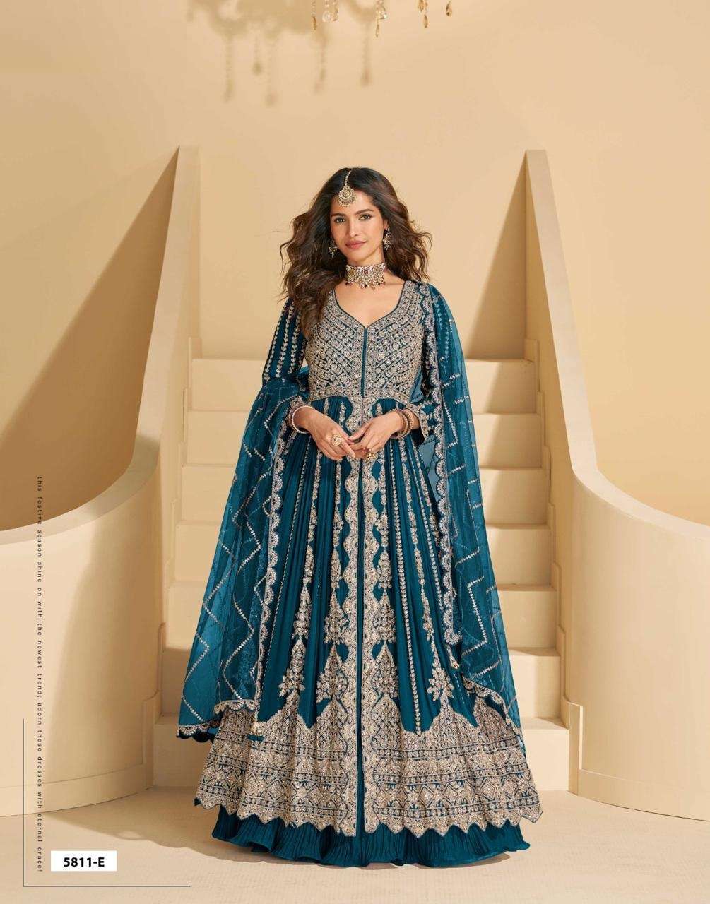 DESIGNER FANCY WEDDING PARTY WEAR REAL CHINON TEAL BLUE ANARKALI SALWAR SUIT GOWN SY MIRZA 5811 E