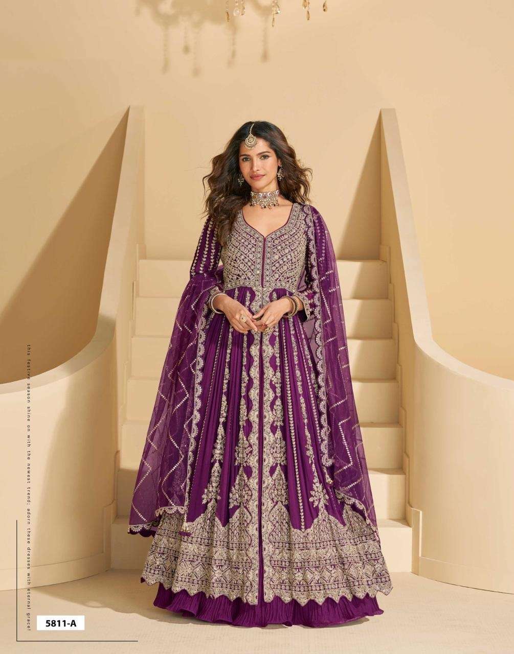 DESIGNER FANCY WEDDING PARTY WEAR REAL CHINON WINE ANARKALI SALWAR SUIT GOWN SY MIRZA 5811 A