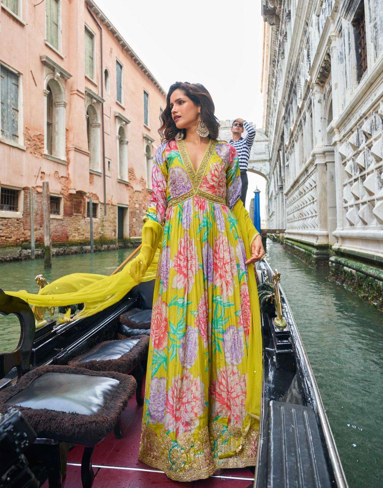 DESIGNER FANCY WEDDING PARTY WEAR REAL CHINON YELLOW PRINTED ANARKALI SALWAR SUIT GOWN SY GEET 10075