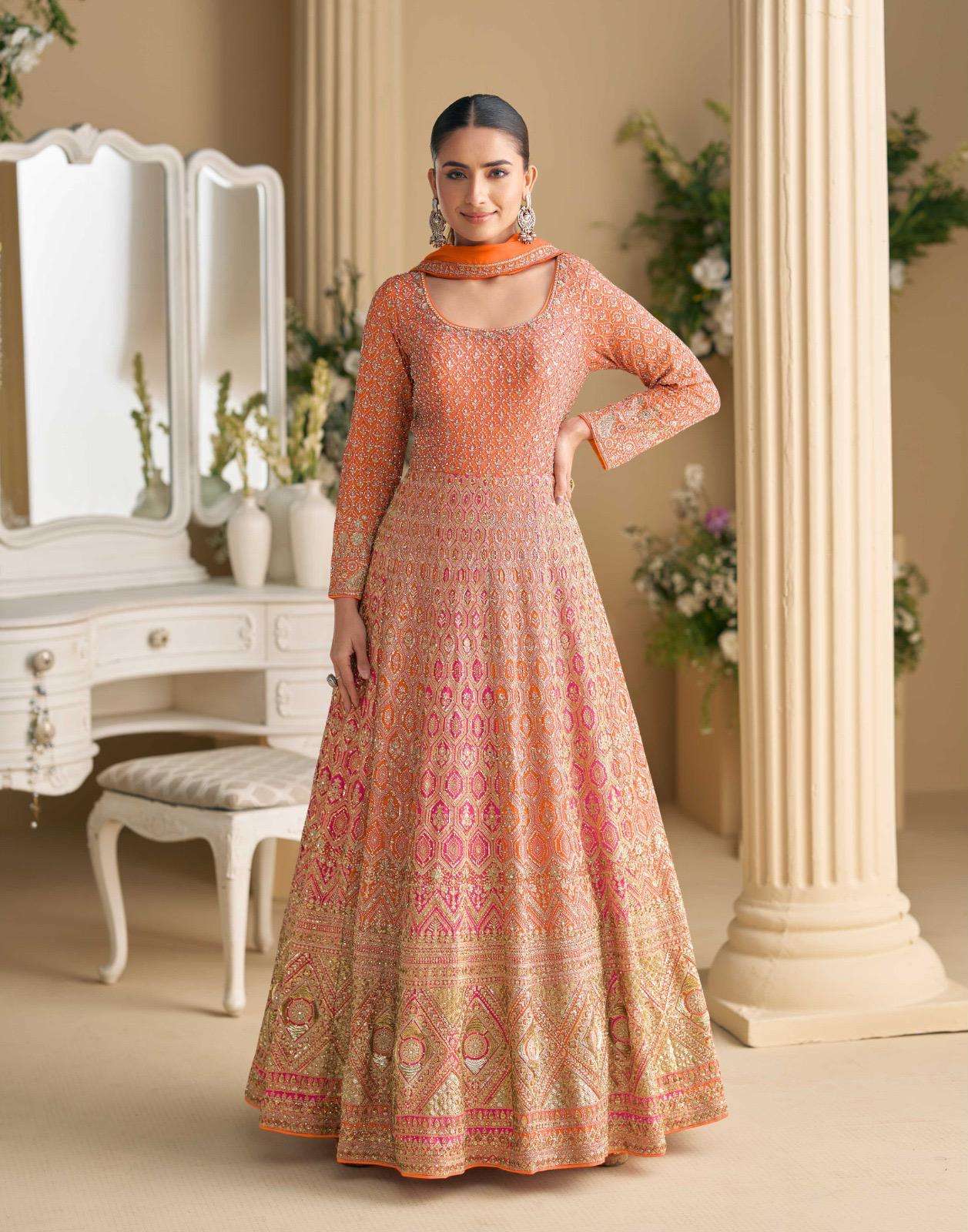 DESIGNER FANCY WEDDING PARTY WEAR REAL GEORGETTE ORANGE RANI ANARKALI SALWAR SUIT GOWN SY RUTBA 5810 A