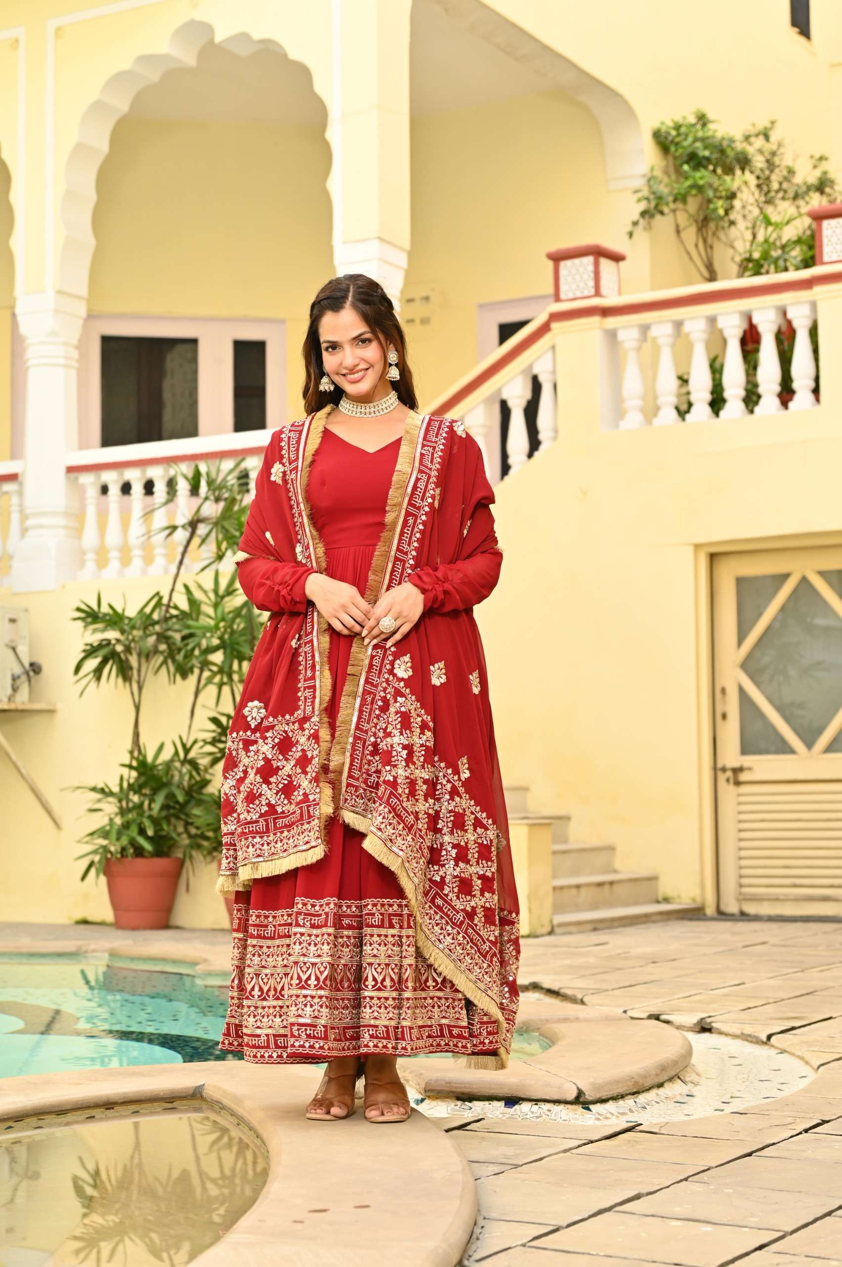 DESIGNER FANCY WEDDING PARTY WEAR RED FAUX GEORGETTE LONG ANARKALI SALWAR SUIT GOWN KU 1207