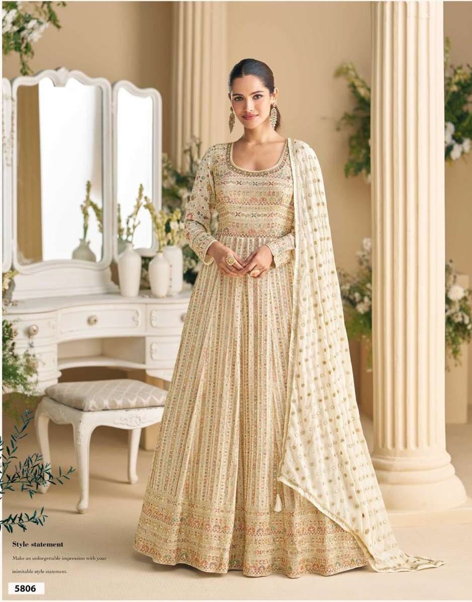 DESIGNER FANCY WEDDING PARTY WEAR WHITE GEORGETTE ANARKALI SALWAR SUIT GOWN AF PARAMPARA 5806