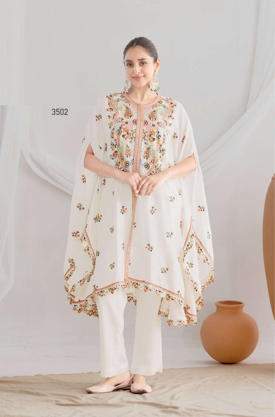 DESIGNER FANCY WHITE KAFTAN STYLE CHINON SALWAR SUIT COOLECTION DST PAARO 3502