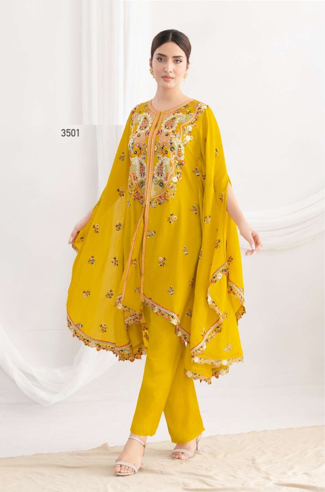 DESIGNER FANCY YELLOW KAFTAN STYLE CHINON SALWAR SUIT COOLECTION DST PAARO 3501