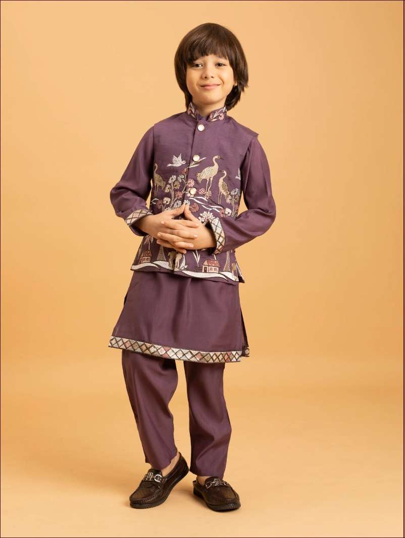 DESIGNER KIDS WEAR KOTI KURTA SET IN VISCOSE SILK PURPLE KIDS SHERWANI KURTA SET KF 91012