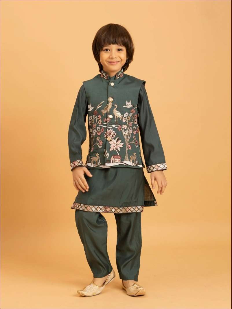DESIGNER KIDS WEAR KOTI KURTA SET IN VISCOSE SILK GREEN KIDS SHERWANI KURTA SET KF 91013