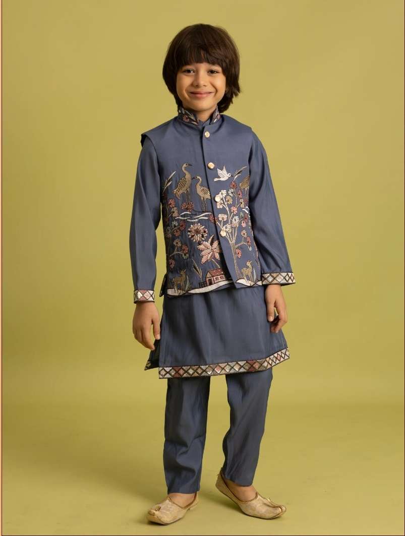 DESIGNER KIDS WEAR KOTI KURTA SET IN VISCOSE SILK BLUE GREY KIDS SHERWANI KURTA SET KF 91015