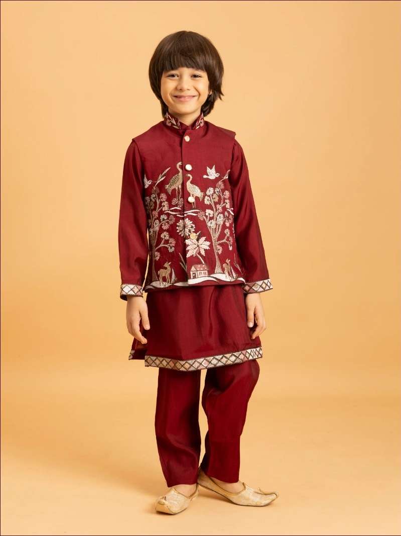 DESIGNER KIDS WEAR KOTI KURTA SET IN VISCOSE SILK RED KIDS SHERWANI KURTA SET KF 91016
