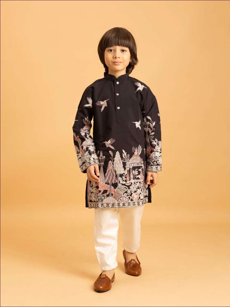 DESIGNER KIDS WEAR KOTI KURTA SET IN VISCOSE SILK KIDS BLACK SHERWANI KURTA SET KF 91041