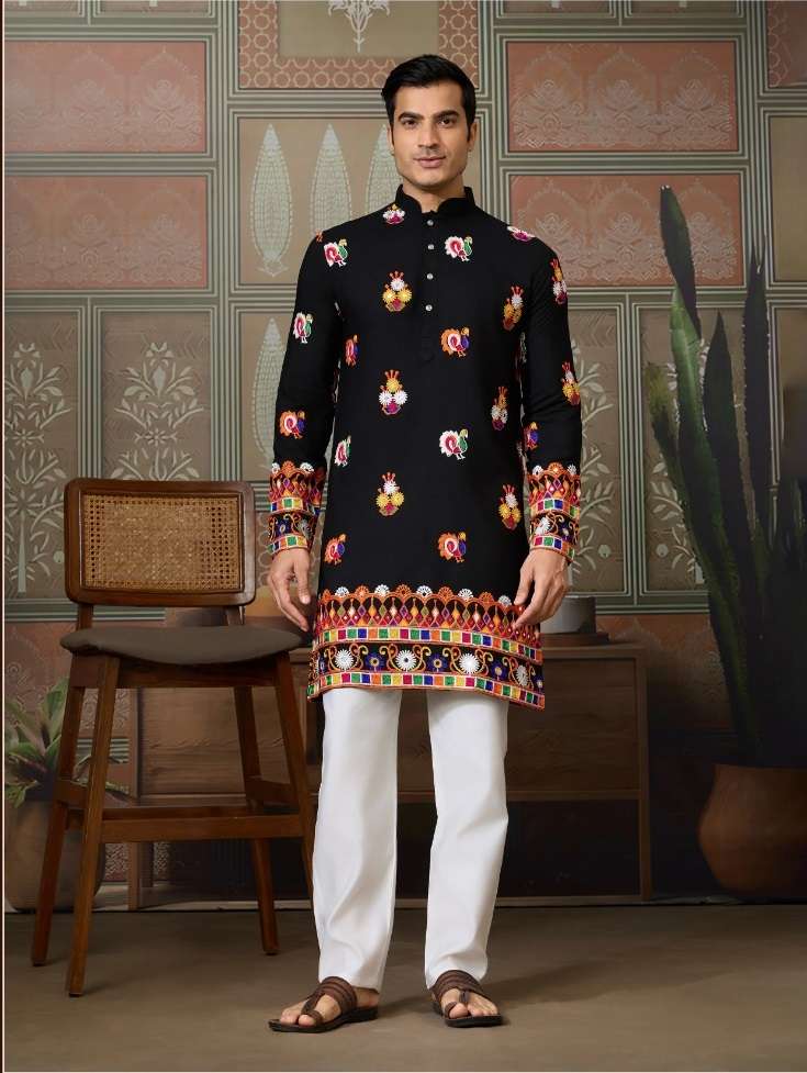 DESIGNER NAVRATRI WEAR READYMADE INDIAN MENS BLACK COTON KURTA KF 61462