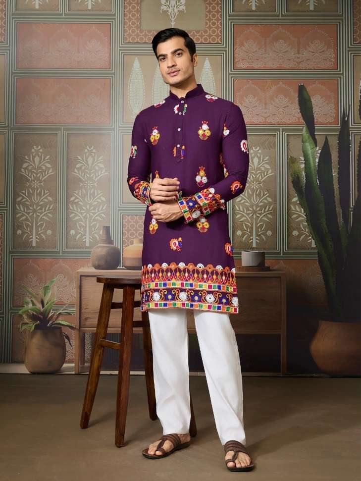 DESIGNER NAVRATRI WEAR READYMADE INDIAN MENS PURPLE COTON KURTA KF 61464