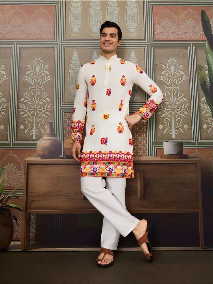 DESIGNER NAVRATRI WEAR READYMADE INDIAN MENS WHITE COTON KURTA KF 61463