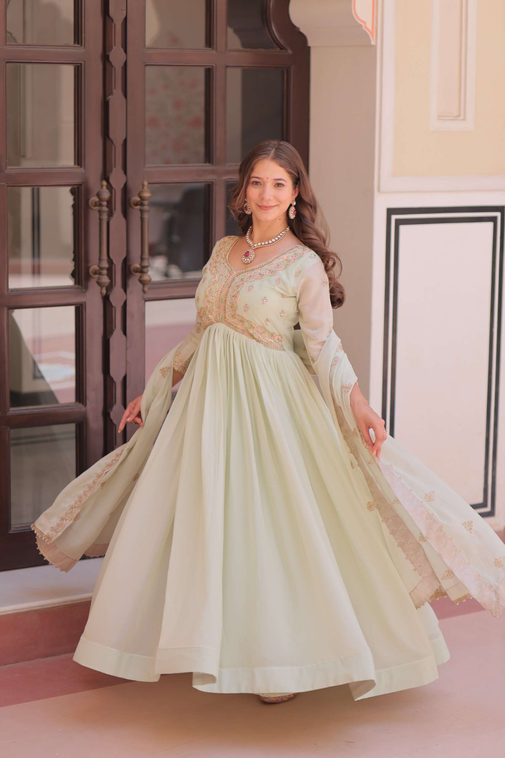 DESIGNER PARTY WEAR READYMADE GEORGETTE PISTA GREEN ANARKALI GOWN SUIT DUPATTA LW 9298 B
