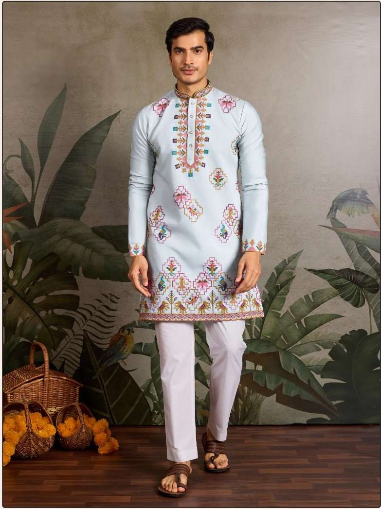 DESIGNER PARTY WEAR READYMADE INDIAN MENS SKY BLUE VISCOSE SILK KURTA KF 61362