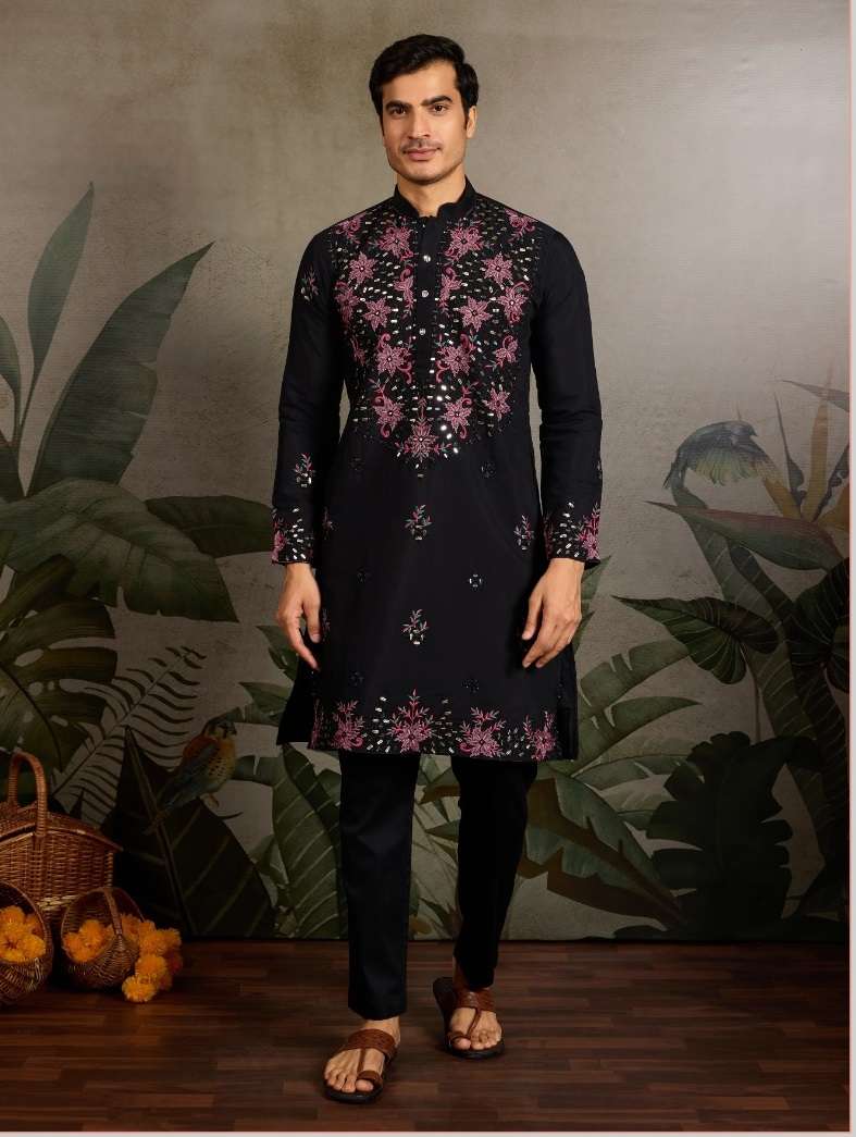 DESIGNER PARTY WEAR READYMADE INDIAN MENS VISCOSE SILK BLACK KURTA KF 61382