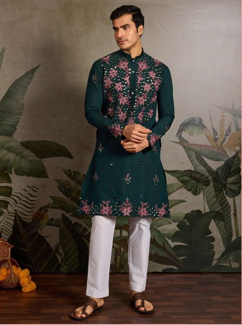 DESIGNER PARTY WEAR READYMADE INDIAN MENS VISCOSE SILK GREEN KURTA KF 61383