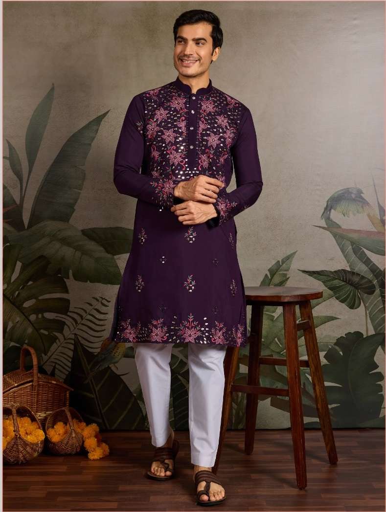 DESIGNER PARTY WEAR READYMADE INDIAN MENS VISCOSE SILK PURPLE KURTA KF 61384