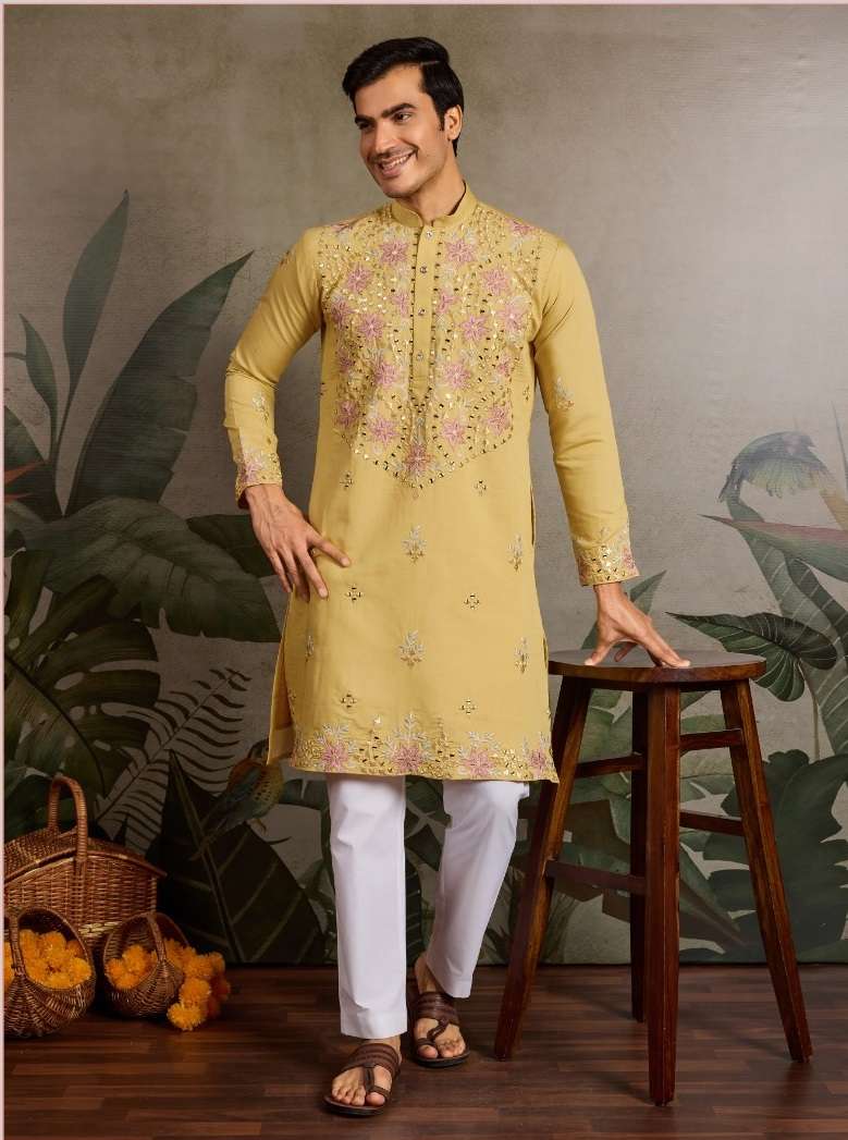 DESIGNER PARTY WEAR READYMADE INDIAN MENS VISCOSE SILK YELLOW KURTA KF 61386