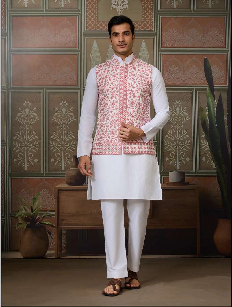 DESIGNER PARTY WEAR READYMADE INDIAN MENS WHITE SILK KURTA KF 61441