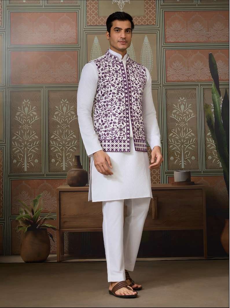 DESIGNER PARTY WEAR READYMADE INDIAN MENS WHITE SILK KURTA KF 61442