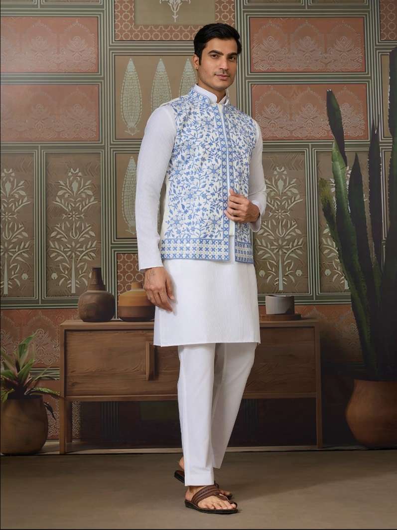 DESIGNER PARTY WEAR READYMADE INDIAN MENS WHITE SILK KURTA KF 61444