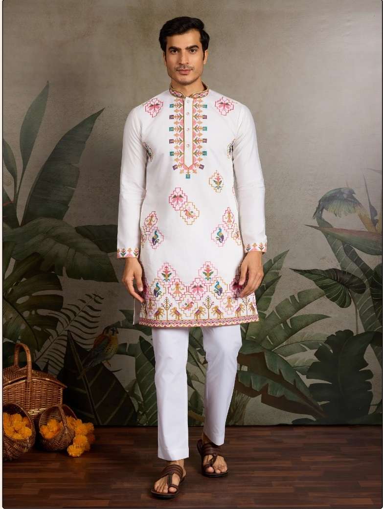 DESIGNER PARTY WEAR READYMADE INDIAN MENS WHITE VISCOSE SILK KURTA KF 61361