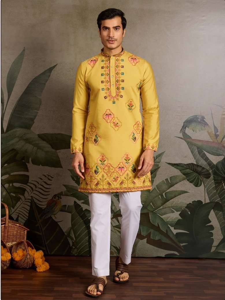 DESIGNER PARTY WEAR READYMADE INDIAN MENS YELLOW VISCOSE SILK KURTA KF 61363