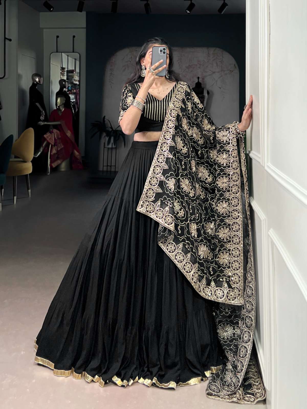 DESIGNER RAYON COTTON BLACK NAVRATRI LEHENGA CHOLI COLLECTION LNB 1691