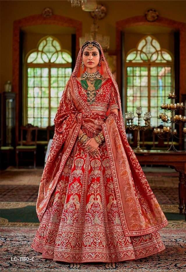 DESIGNER WEDDING BRIDAL WEAR INDIAN HEAVY RED COLOR SILK LEHENGA CHOLI WITH NET DUPATTA MANJULLA 1180 C