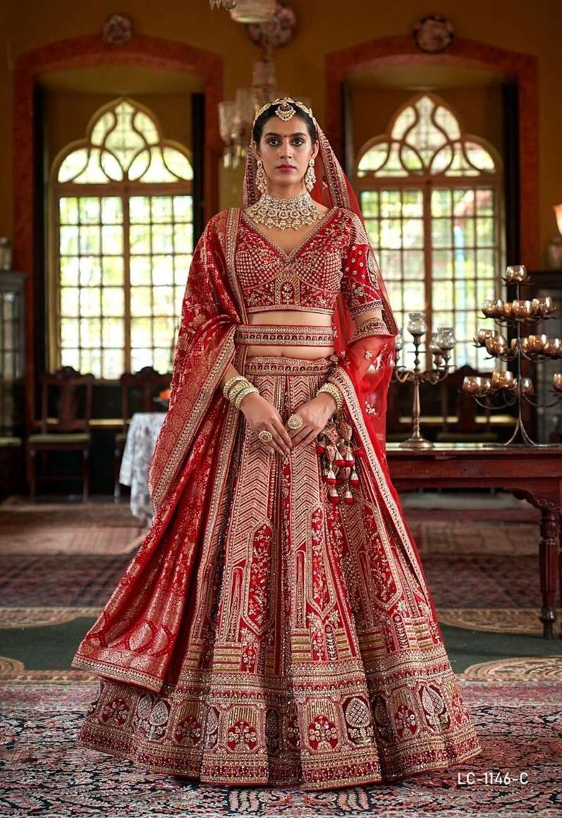 DESIGNER WEDDING BRIDAL WEAR INDIAN HEAVY RED SILK LEHENGA CHOLI WITH NET DUPATTA MANJULLA 1146 C