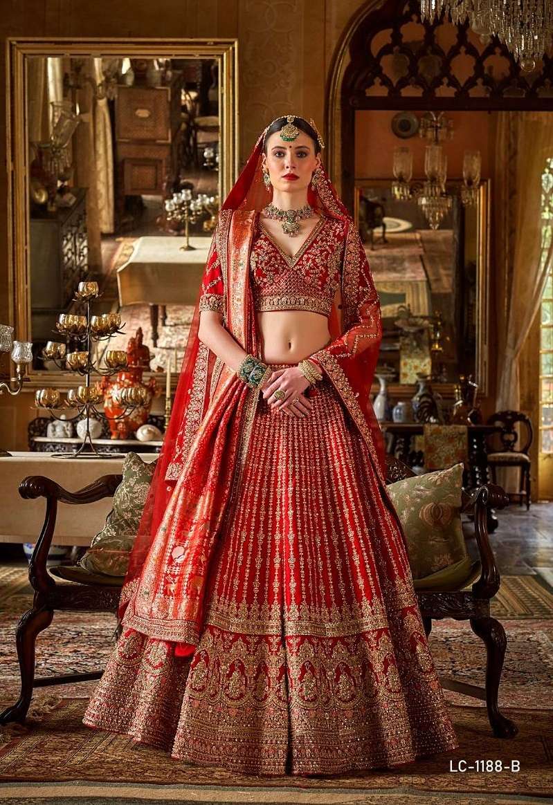 DESIGNER WEDDING BRIDAL WEAR INDIAN HEAVY RED SILK LEHENGA CHOLI WITH NET DUPATTA MANJULLA 1188 B