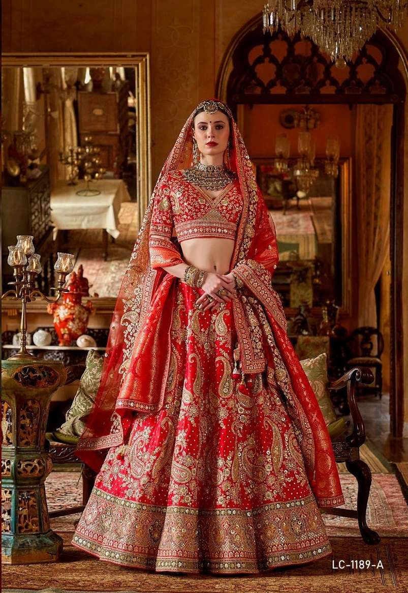 DESIGNER WEDDING BRIDAL WEAR INDIAN HEAVY RED SILK LEHENGA CHOLI WITH NET DUPATTA MANJULLA 1189 A