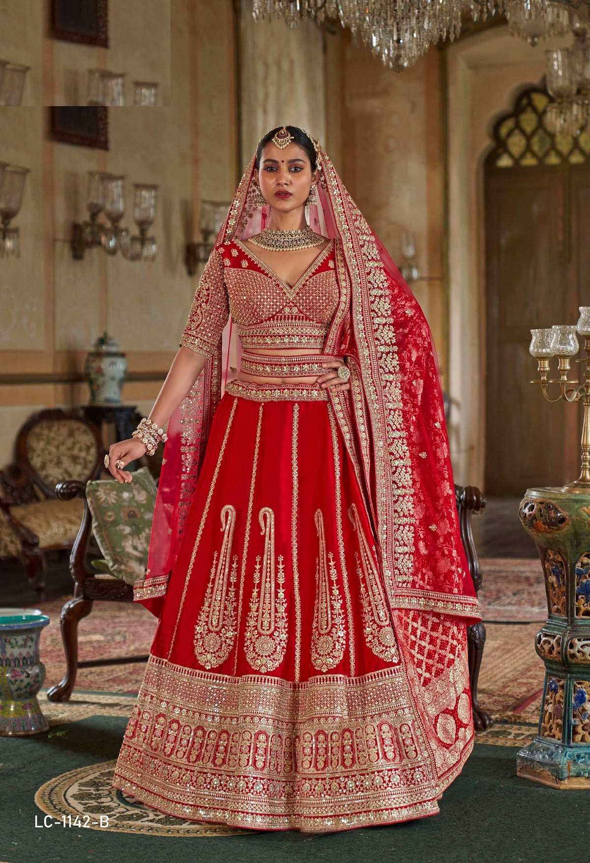 DESIGNER WEDDING BRIDAL WEAR INDIAN HEAVY TONE RANI RED SILK LEHENGA CHOLI WITH NET DUPATTA MANJULLA 1142 B