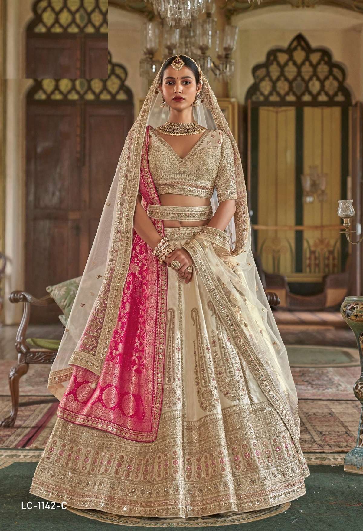 DESIGNER WEDDING BRIDAL WEAR INDIAN HEAVY TONE RANI WHITE SILK LEHENGA CHOLI WITH NET DUPATTA MANJULLA 1142 C