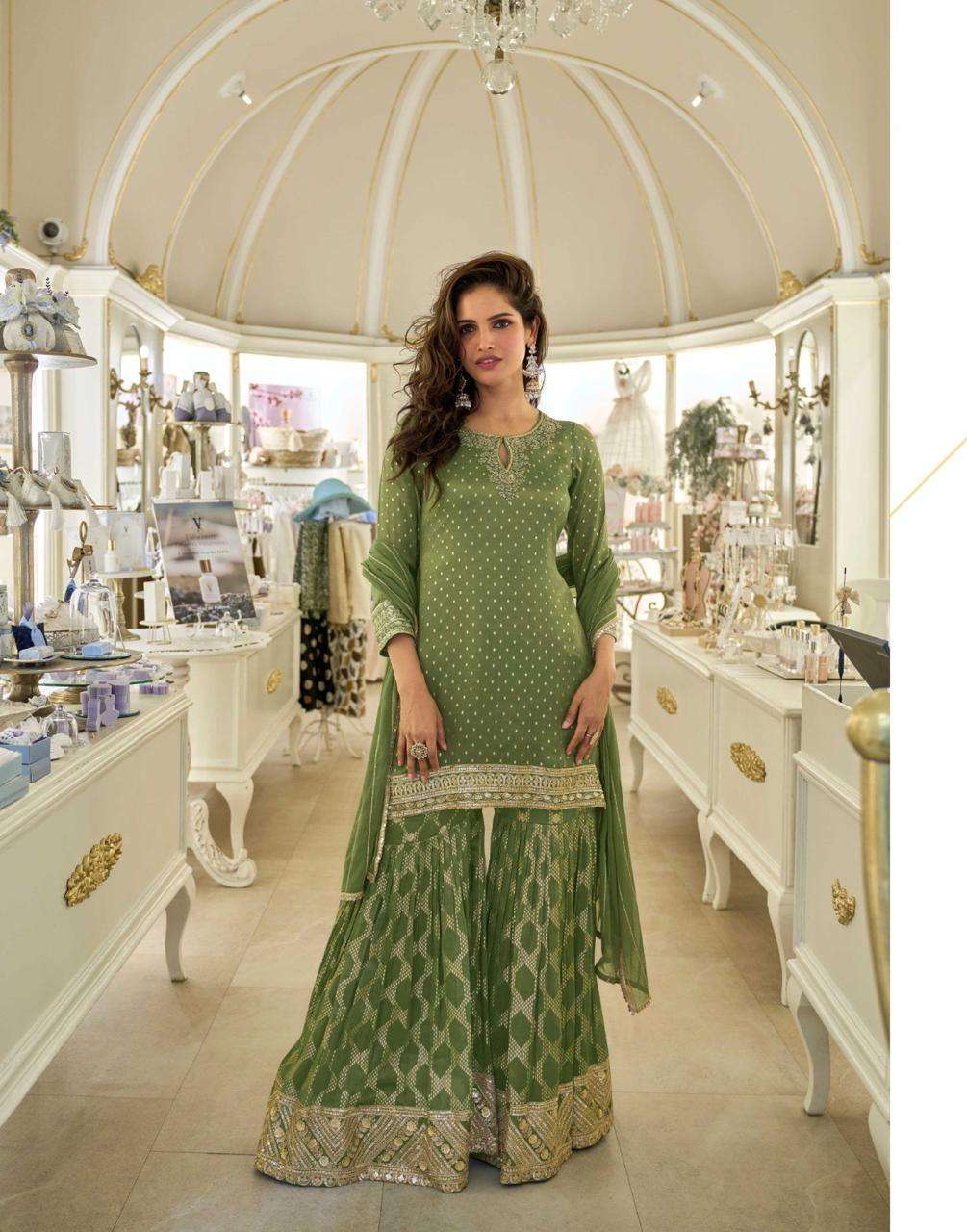 DESIGNER WEDDING PARTY WAER VISCOSE JAQUARD GREEN SHARARA SALWAR SUIT SY AMRIT 5858