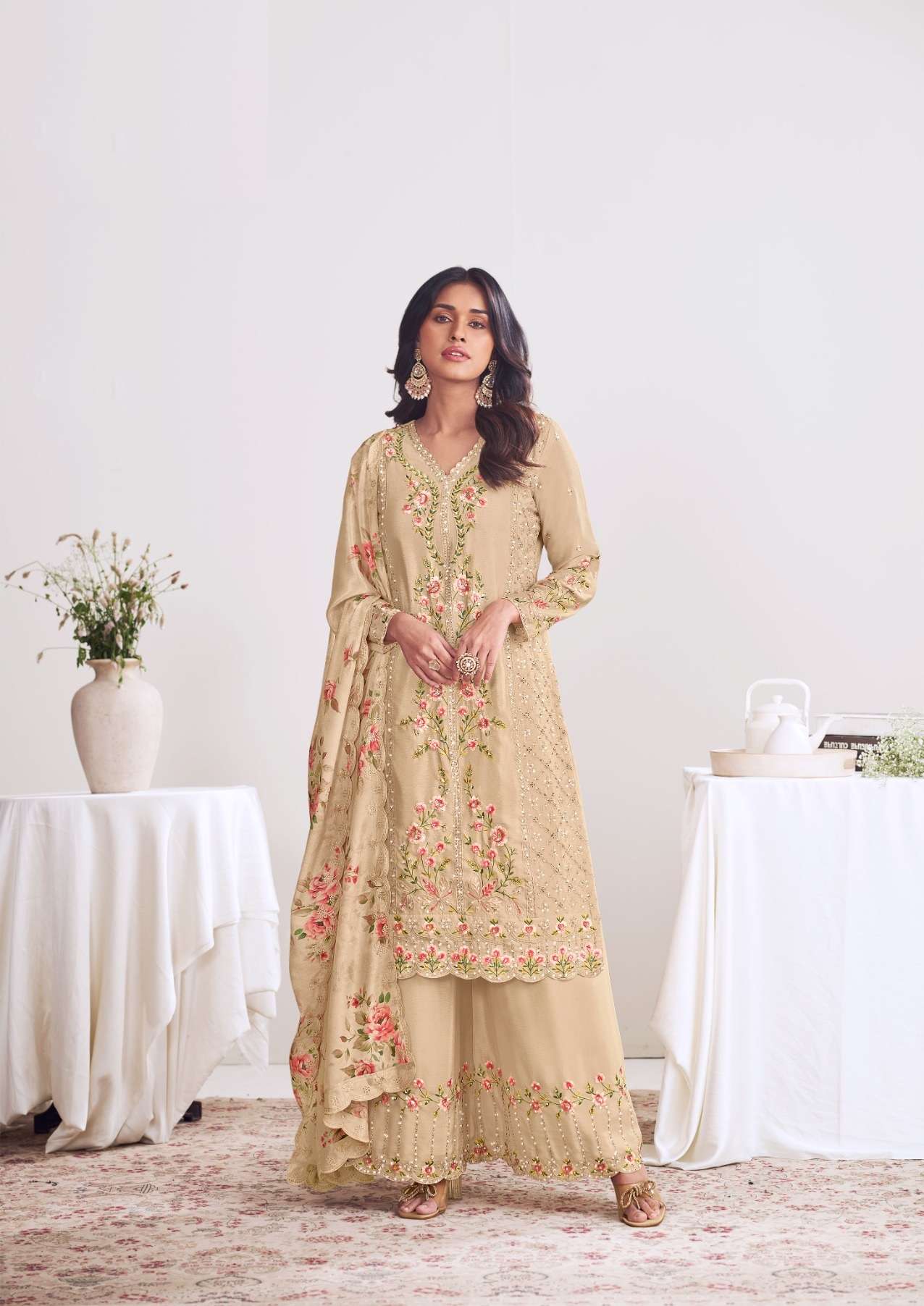 DESIGNER WEDDING PARTY WEAR CHINON CHIKU SHARARA SALWAR SUIT SVN RADHA FLORY 5053