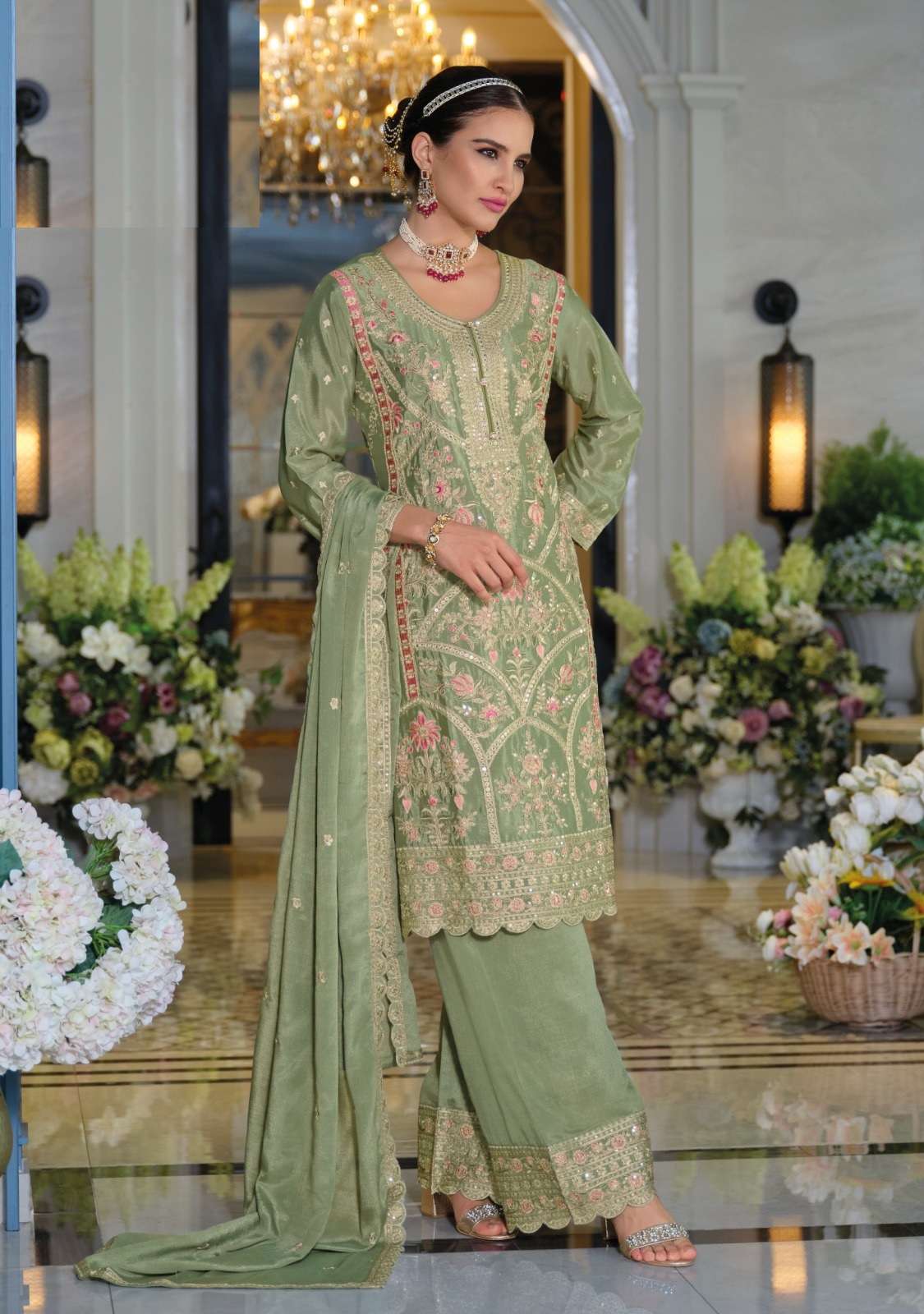 DESIGNER WEDDING PARTY WEAR CHINON GREEN SALWAR SUIT RH EBA SITAARAY 1918