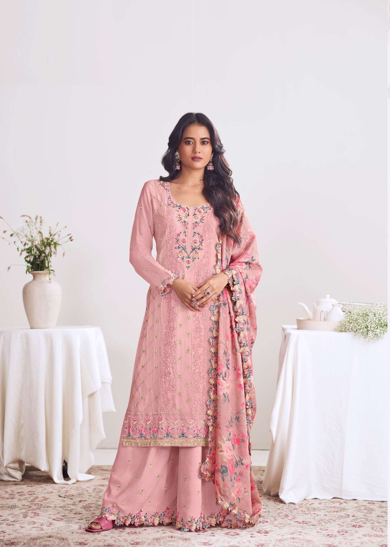 DESIGNER WEDDING PARTY WEAR CHINON PINK SHARARA SALWAR SUIT SVN RADHA FLORY 5051