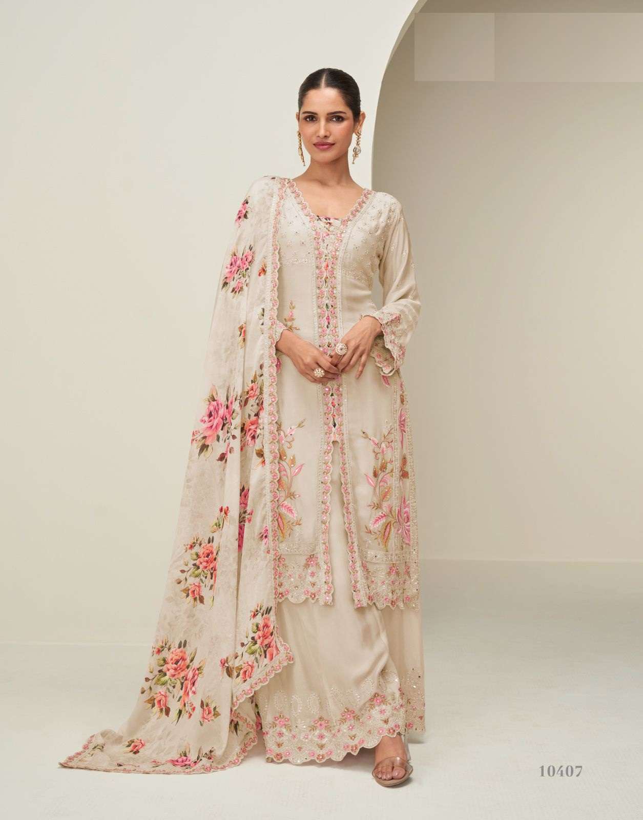 DESIGNER WEDDING PARTY WEAR CHINON SILK BEIGE SHARARA SALWAR SUIT AF HIDAYA 10407