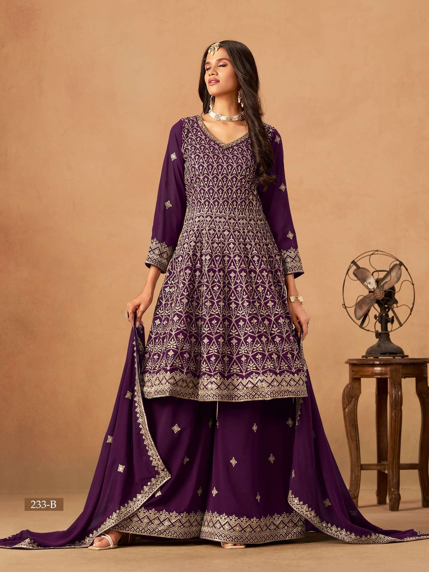 DESIGNER WEDDING PARTY WEAR FAUX GEORGETTE PURPLE SHARARA SALWAR SUIT ANY 233 B