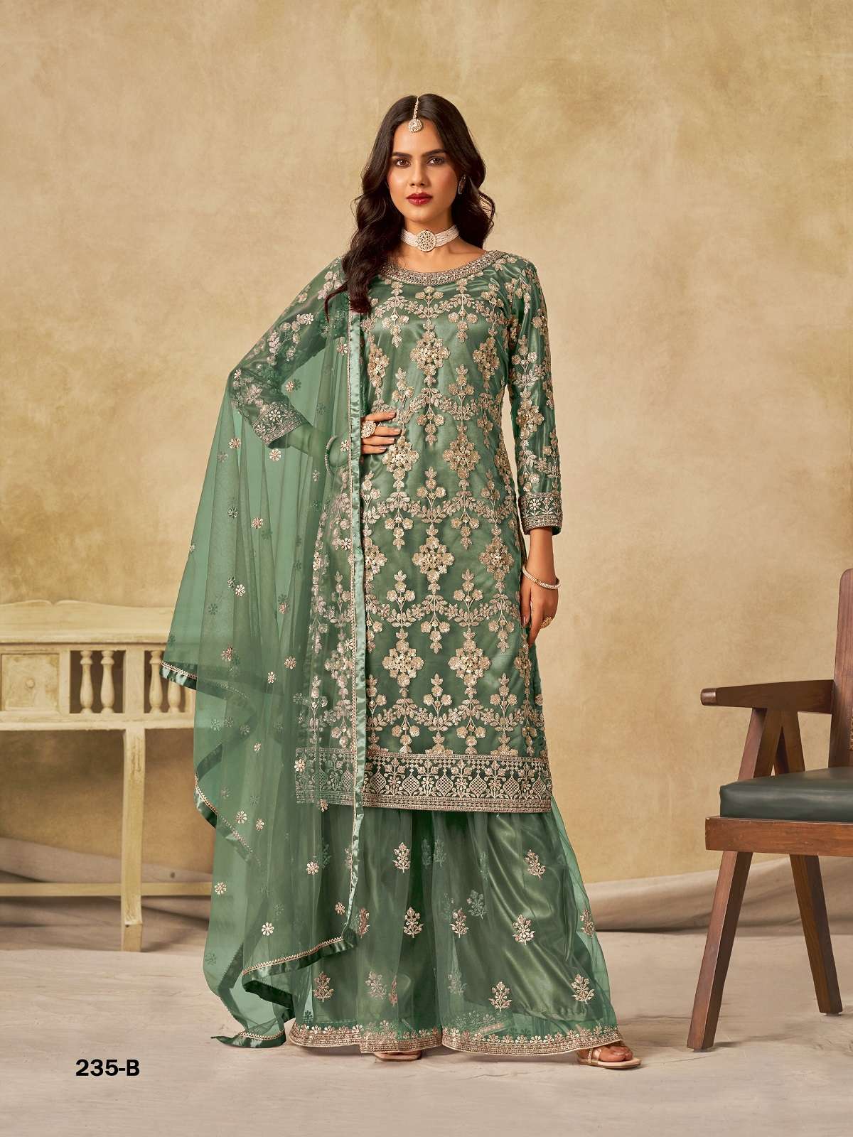 DESIGNER WEDDING PARTY WEAR GREEN NET SHARARA PALLAZO SALWAR SUIT ANY 235 B