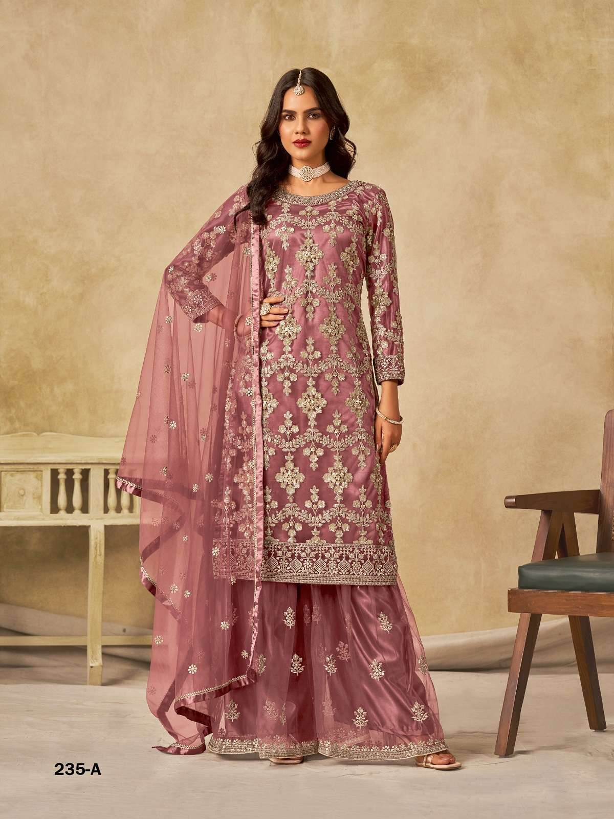 DESIGNER WEDDING PARTY WEAR PINK NET SHARARA PALLAZO SALWAR SUIT ANY 235 A