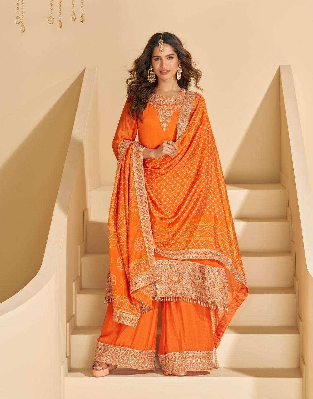 DESIGNER WEDDING PARTY WEAR PREMIUM CHINON ORANGE SHARARA SALWAR SUIT SY SUNDARI 10018