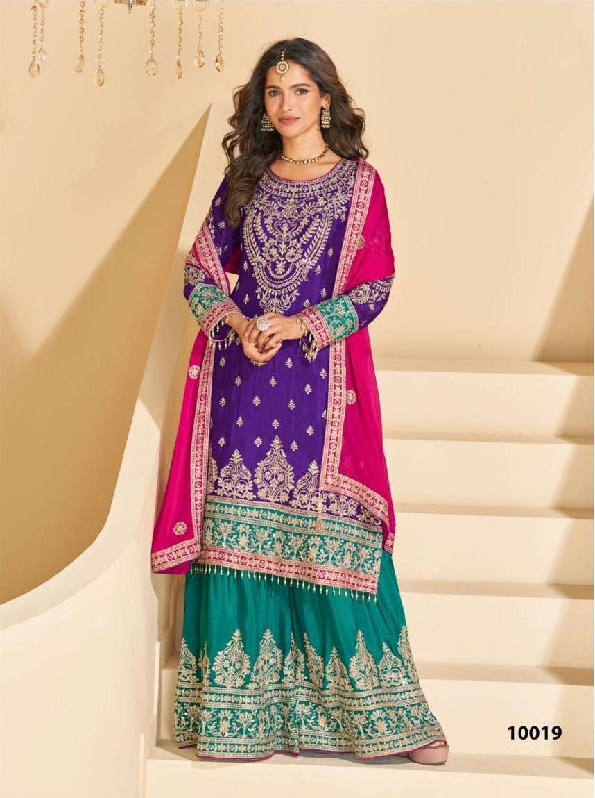 DESIGNER WEDDING PARTY WEAR PREMIUM CHINON PURPLE SHARARA SALWAR SUIT SY SUNDARI 10019