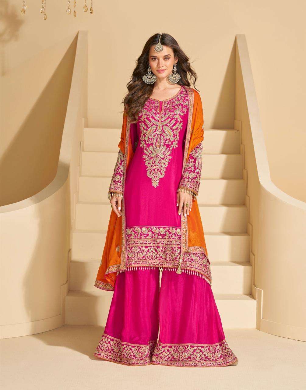 DESIGNER WEDDING PARTY WEAR PREMIUM CHINON RANI PINK SHARARA SALWAR SUIT SY SUNDARI 10016