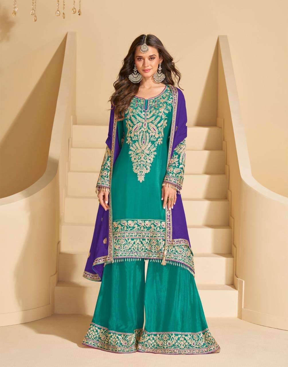 DESIGNER WEDDING PARTY WEAR PREMIUM CHINON TEAL GREEN SHARARA SALWAR SUIT SY SUNDARI 10017